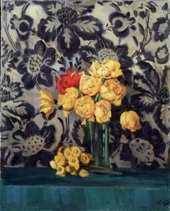 Blumen, gelb auf schwarz. Gemälde von Alexander Gaush (ca. 1916)