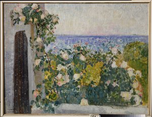Blumen auf dem Balkon in Rom (Italien). Gemälde von Alexander Ivanovich Savinov (1881-1942)