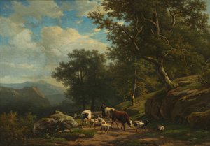 Landschaft mit Bauer und seiner Herde