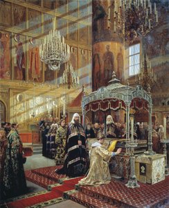 Zar Alexis und Patriarch Nikon am Sarg des Metropoliten Philipp von Moskau, 17. Jahrhundert 1886