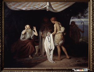 Josephs blutiger Mantel wird Jakob gebracht. Nachdem sie ihren Bruder Joseph aus Eifersucht auf die Vorliebe ihres Vaters für Joseph in die Sklaverei nach Ägypten verkauft hatten, präsentieren die Brüder seinen Mantel Jakob, um