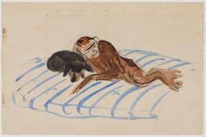 Selbstporträt des Künstlers als Affe mit dem Dackel der Marianne von Werefkin von Alexander von Salzmann