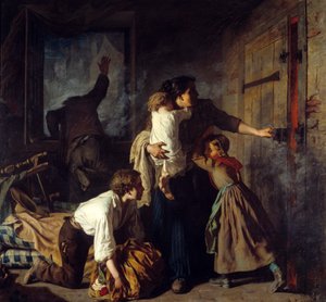 Feuerszene. Eine Familie versucht, aus ihrem brennenden Gebäude zu entkommen
