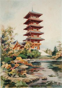 Japanischer Turm im Königlichen Park von Laeken, Belgien, aus Orientalisme et Architecture Contemporaine, graviert von Jules Adolphe Chauvet (geb. 1828) von Alexandre Auguste Louis Marcel