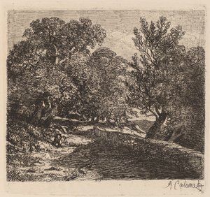 Mann, der sich an einer Steinmauer ausruht von Alexandre Calame