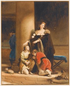 Elisabeth Woodville, die Königin von England, verabschiedet sich von ihren Söhnen, Eduard V. und Richard, Herzog von York, mit einem trauernden Mann hinter einer Säule von Alexandre Evariste Fragonard