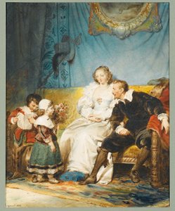 Rubens und Hélène Fourment sitzen mit Frans, der einen Brief hält, und Isabelle Hélène, die ihnen einen Rosenstrauß gibt von Alexandre Evariste Fragonard