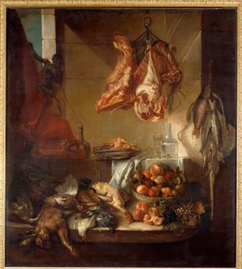 Küchenstillleben mit Wild, Obst und Fleisch. Gemälde von François Desportes (1661-1743), 18. Jahrhundert. Châlons-sur-Marne, Musée des Beaux-Arts