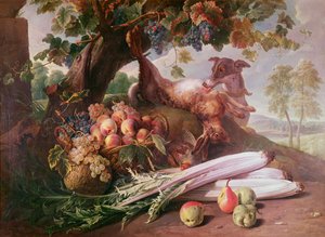 Stillleben mit Blumen, Wild und Früchten