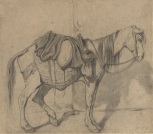 Stehendes Lastpferd mit Seitenkörben und einem Krug