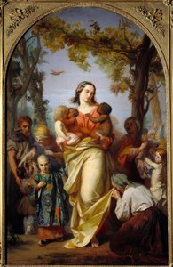 Universelle Nächstenliebe. Personifikation der Nächstenliebe, die die verschiedenen Völker der Welt in ihren Armen hält