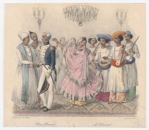 Eine Nautch, aus Vierundzwanzig Tafeln zur Veranschaulichung der hinduistischen und europäischen Sitten in Bengalen, 1832 von Alexandre Marie Colin