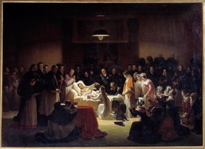 Die letzten Momente des Herzogs von Berry an der Pariser Oper, umgeben von Ludwig XVIII. und der königlichen Familie