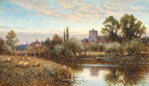 Schafe weiden vor der Kirche von Wrotham, Dämmerung von Alfred Augustus Glendening