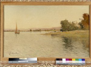 Boot und Segelboot am Ufer des Sees von Alfred Casile