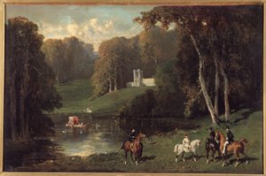 Reiter und Amazonen am Ufer eines Sees. Gemälde von Alfred de Dreux (1810-1860) 19. Jahrhundert