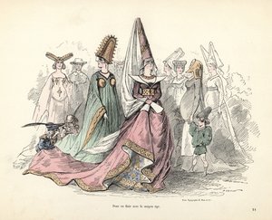 Karikaturen von Kostümen von Frauen und Kindern im Mittelalter von Alfred Grevin