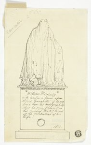Visitenkarte mit drapiertem Denkmal, Künstlerinschrift