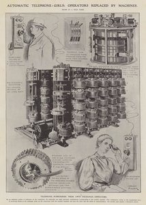 Automatische Telefonmädchen: Bedienerinnen durch Maschinen ersetzt (Lithographie) von Alfred Hugh Fisher