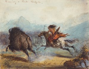 Indische Frau jagt einen Büffel, ca. 1858-60