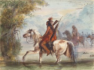 Shoshone-Lager durchquert einen Fluss, um 1837