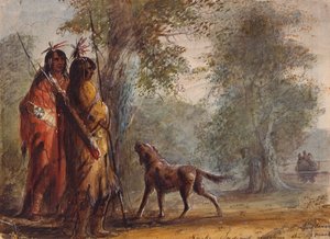 Schlangenindianer beobachten die Annäherung eines Kanus, ca. 1837