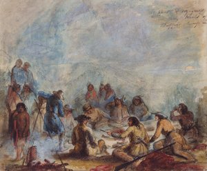 Sonnenaufgang, Fallensteller und Reisende bei ihrer Mahlzeit aus Büffelhumpenrippe, ca. 1837 von Alfred Jacob Miller