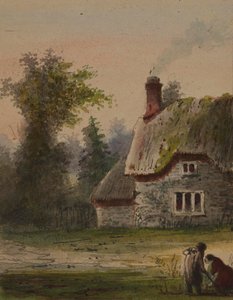 Zwei Figuren vor einem Cottage von Alfred Jacob Miller