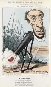 Die rote Bohne: Karikatur von Victor Schoelcher stellt im Zug von Peter eine Bohne (Furz) dar - ill. vom 16/02/1871 von Alfred Le Petit, in „Blumen, Früchte und Gemüse des Tages“ von Alfred Le Petit