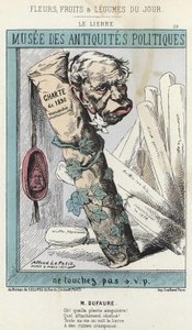 Der Efeu: Karikatur auf Jules Armand Dufaure (1798-1881) im Efeu, der eine Papierrolle mit der Aufschrift „Charta von 1830“ und ein Siegel mit dem Kopf von König Louis Philippe I. umgibt - Illustration vom 04.03.1871 in „Blumen, Früchte und Gemüse des Tage von Alfred Le Petit