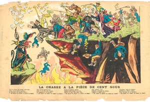 Flugblatt, Satirisch in Farben, ca. 1878: Jagd auf ein hundert Stück Silber - Teufel, Heilungen Illustration von Alfred Le Pete von Alfred Le Petit