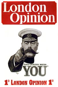 Erster Weltkrieg: Rekrutierungsplakat für britische Soldaten: Kommandant Lord Horatio Herbert Kitchener von Khartum (1850-1916), britischer Soldat und Staatsmann, zeigt auf militärische Möglichkeiten „Das Land braucht dich“. Zeichnung von Alfred Leete (188