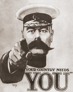Das britische Rekrutierungsplakat von 1914 zeigt Lord Kitchener mit den Worten "Dein Land braucht dich". Aus Die Geschichte von siebzig bedeutenden Jahren, veröffentlicht von Odhams Press 1937.