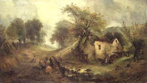 Kinder auf einem Pfad bei einer Mühle von Alfred Montague