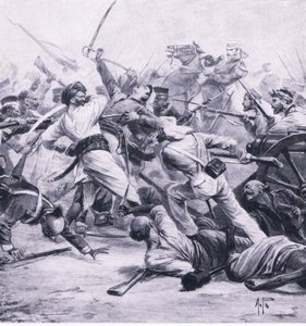 Nicholsons Niederlage der Rebellen bei Najafgarh, 2. August 1857, Illustration aus British Battles on Land and Sea, 1915 von Alfred Pearse