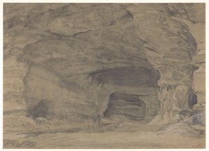 Zwei Figuren spazieren in einer großen Höhle