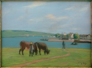 Kühe am Ufer der Seine in Saint-Mammès von Alfred Sisley