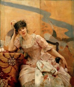 A. Stevens, Junge Frau und japanischer Wandschirm von Alfred Emile Stevens