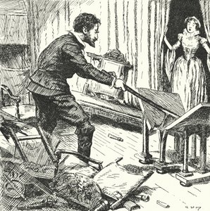 Die Frau des französischen Töpfers Bernard Palissy schaut entsetzt zu, wie er ihre Möbel zertrümmert, um sie als Brennstoff für seine Öfen zu verwenden von Alfred Wallis Mills