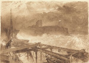 Studie für Tynemouth Pier - Lampenanzünden bei Sonnenuntergang von Alfred William Hunt
