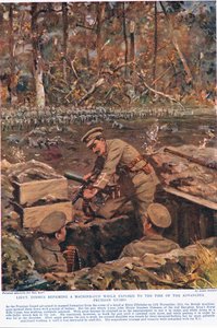 Leutnant Dimmer repariert ein Maschinengewehr, während er dem Feuer der vorrückenden preußischen Garde ausgesetzt ist, Illustration aus 