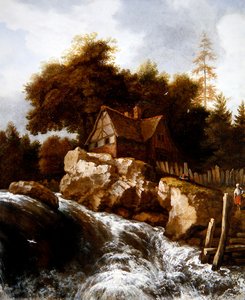 Eine felsige nordische Landschaft mit Bauern auf einem Pfad