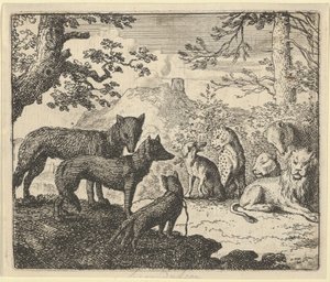 Renards Eltern bitten darum, den Hof verlassen zu dürfen, aus Hendrick van Alcmars Renard The Fox von Allart van Everdingen