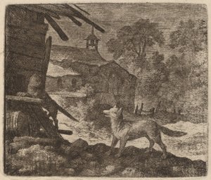 Die Katze betritt die Scheune, während Reynard zusieht