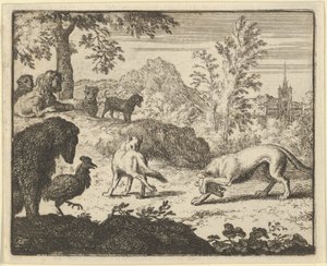 Der Löwe erlaubt einen Kampf zwischen dem Wolf und Renard, 1650-75