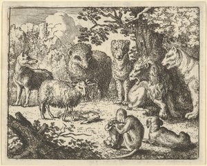 Der Affe öffnet das Paket und entfernt den Kopf des Kaninchens zur großen Überraschung der..., 1650-75 von Allart van Everdingen