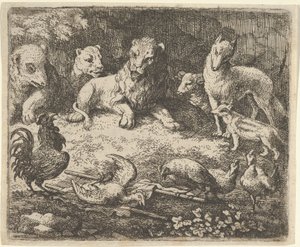 Der Hahn beschuldigt Renard des Mordes an einem seiner Hühner, Mitte des 17. Jahrhunderts