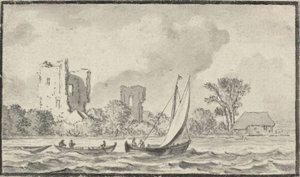 Drei Boote auf einem Fluss mit Ruinen entlang des Ufers