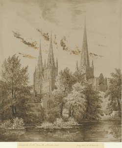 Lichfield Kathedrale - Südwestansicht: Sepiazeichnung, Jul. 1842 von Allen Edward Everitt
