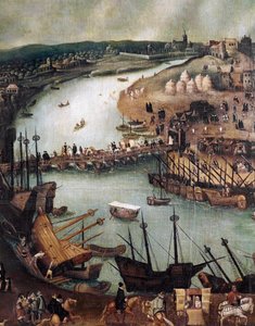 Die Stadt Sevilla. Detail des Hafens und der Handelsaktivitäten von Alonso Sánchez Coello